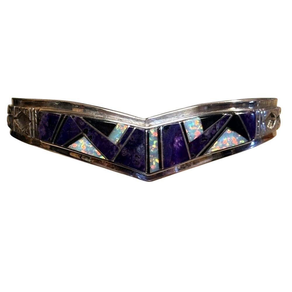 Southwest Sterling Silver, Opal, Onyx & Charoite Inlayed Cuff Vintage